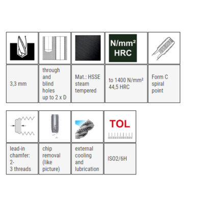 Hand tap BAER, DIN 352C, INOX, M 4 x 0.7, I+II+III set