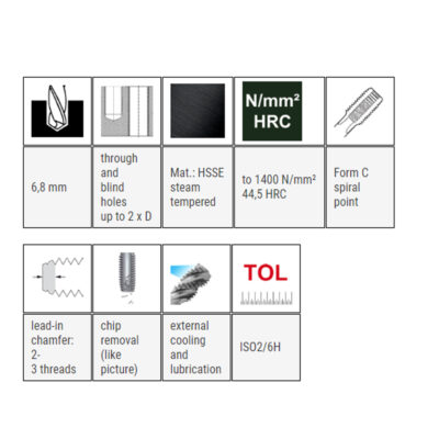 Hand tap BAER, DIN 352C, INOX, M 8 x 1.25, I+II+III set