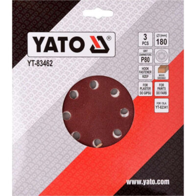Paper sanding disc YATO, Velcro, 8 holes, Ø 180, P80, 3 pcs