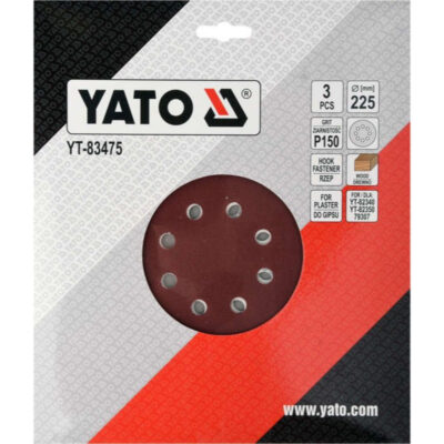 Paper sanding disc YATO, Velcro, 8 holes, Ø 225, P150, 3 pcs