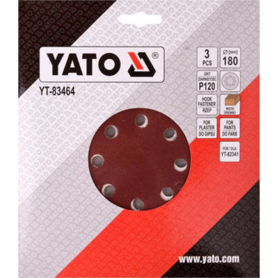Paper sanding disc YATO, Velcro, 8 holes, Ø 180, P120, 3 pcs